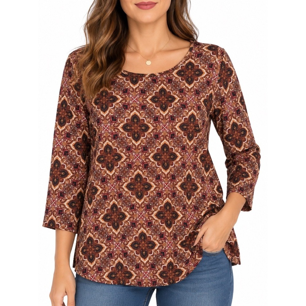Valerie Stevens Womens Tunic Top Brown Medallion Print 3/4 Sleeve XL